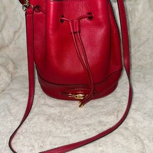 Ralph Lauren Red Leather Drawstring Bucket Crossbody with Gold Accents